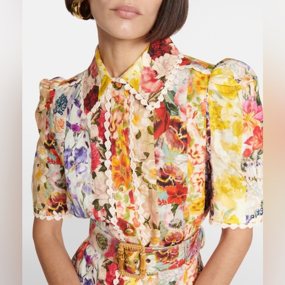 Zimmermann Dresses & Skirts - Zimmermann Linen Floral Patchwork Mini Dress Crochet Trim Multicolor NWT